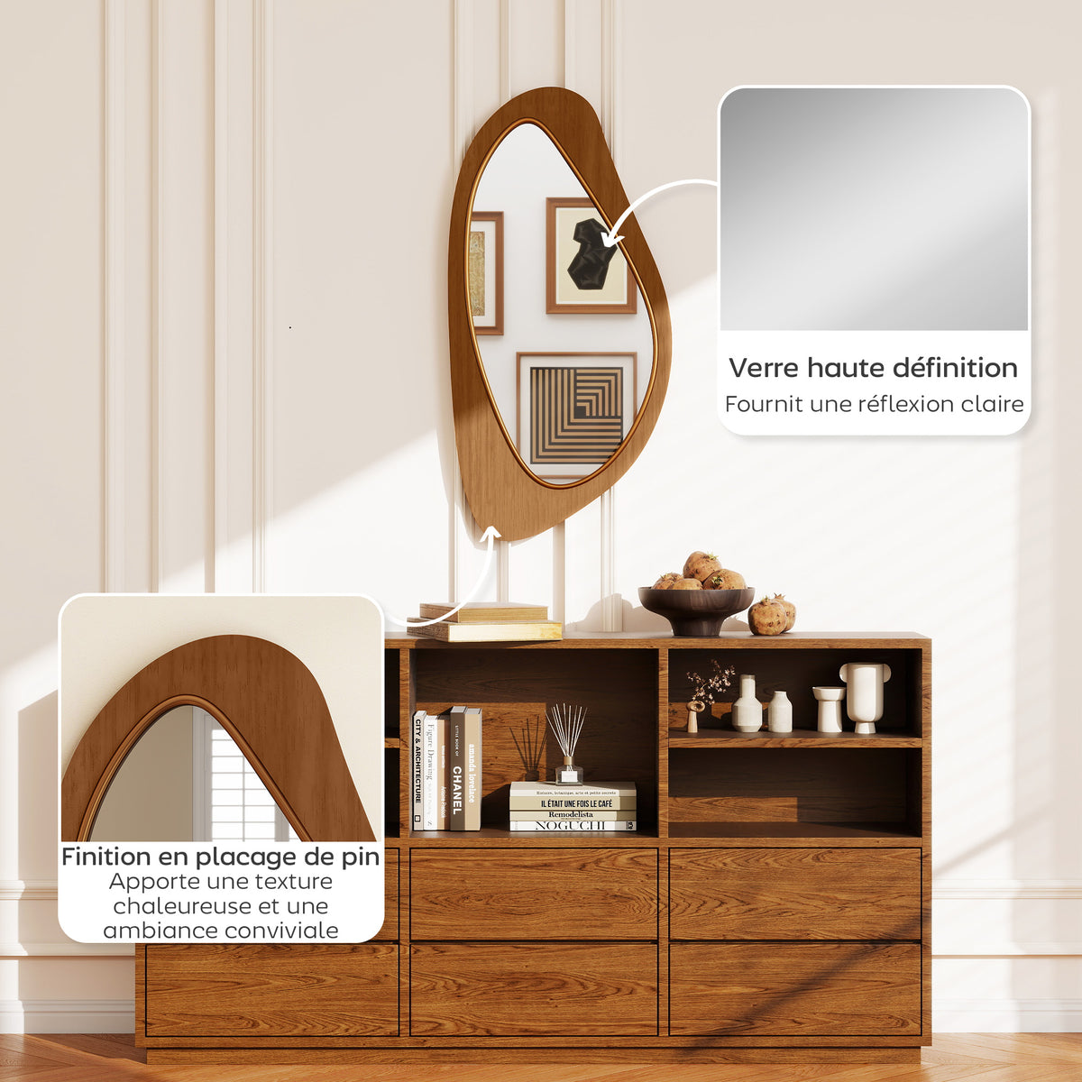 Miroir mural asymétrique 91,5 x 45 cm, miroir suspendu moderne, cadre en bois, effet bois naturel