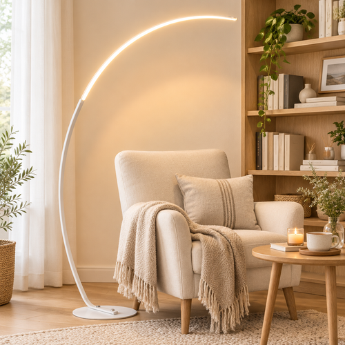 Lampadaire arc LED – coin lecture scandinave