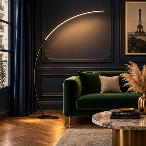 Lampadaire arc LED – salon bleu nuit velours vert