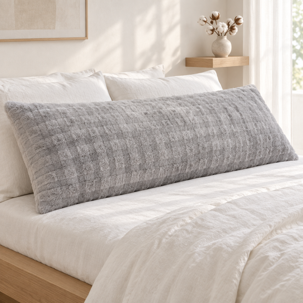 Taie oreiller longue – chambre gris clair scandinave