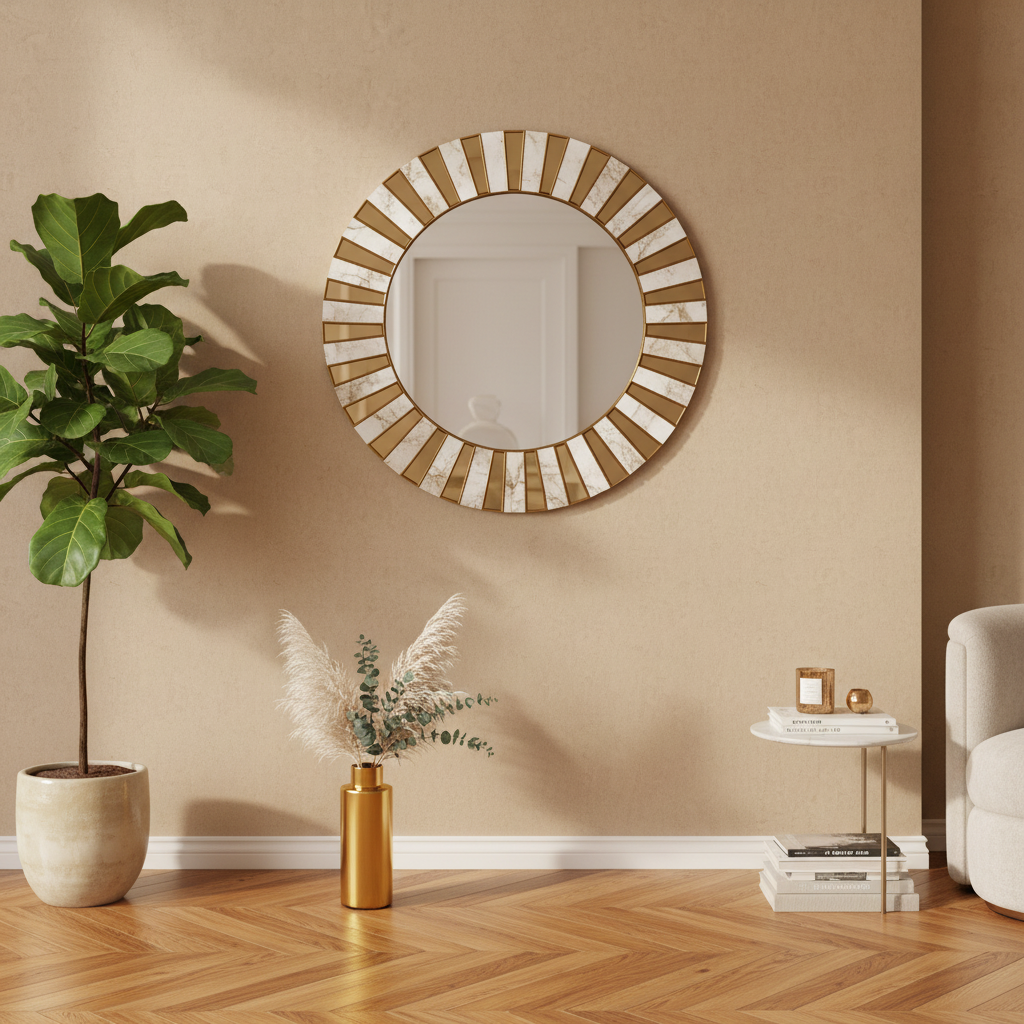 Miroir soleil doré mis en scène avec plante et décoration dorée