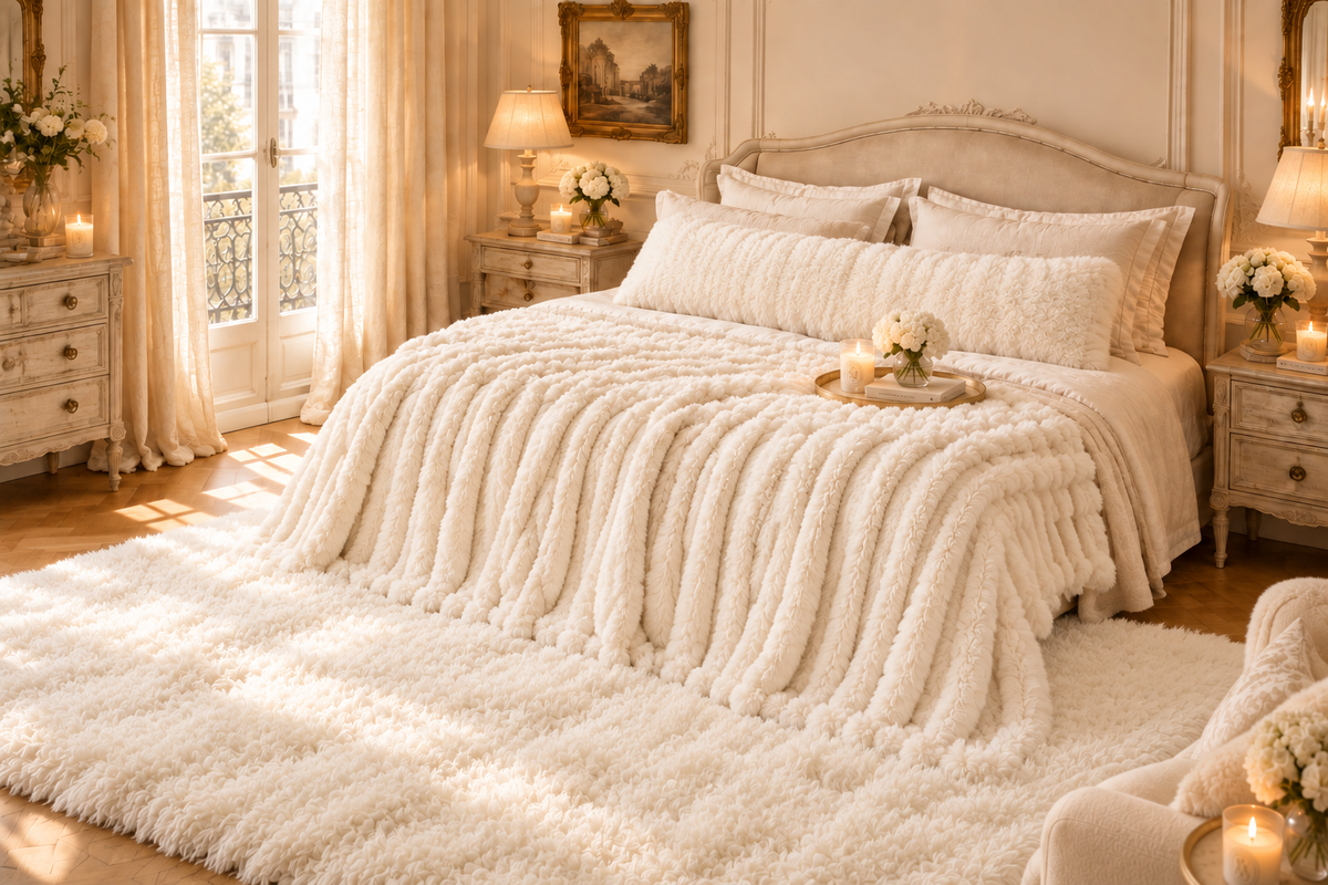 Pack Cocooning Blanc – plaid, taie et tapis assortis dans une chambre